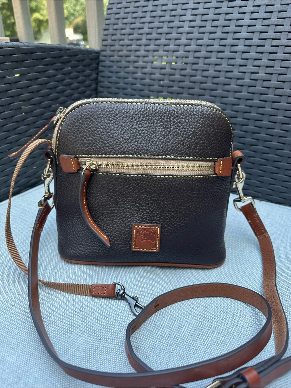Dooney & Bourke Dark Brown Pebble Leather Crossbody with Tan Trim